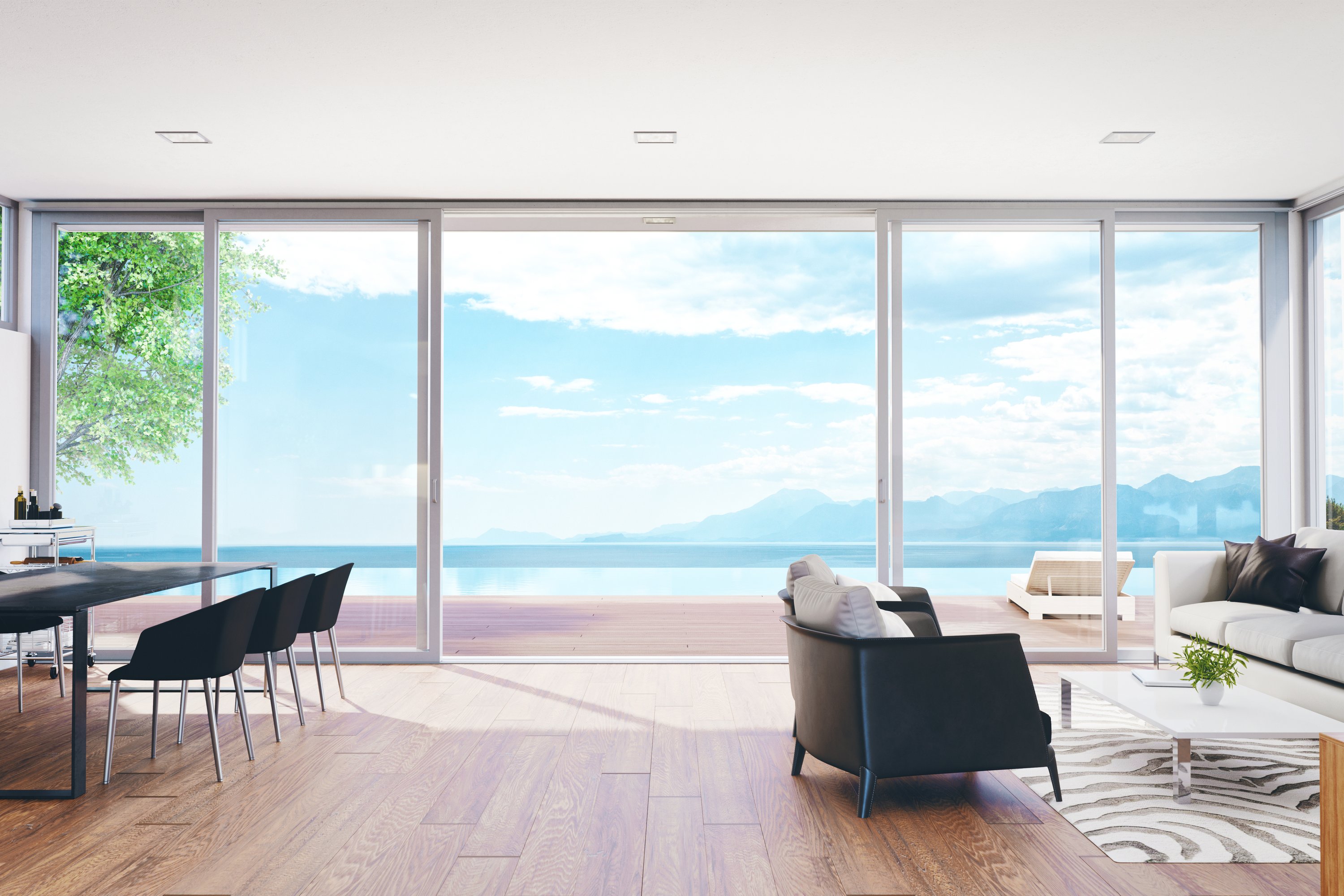 Modern Orange County living room with hardwood floors and ocean view